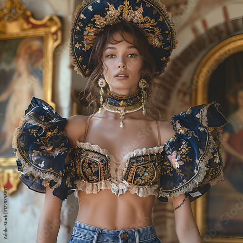 modern reinterpretation of Rococo fashion, luxurious historical elements with contemporary aesthetics, ornate, navy-blue cropped top with gold embroidery, lace trimmings, hat. modern contrast photo