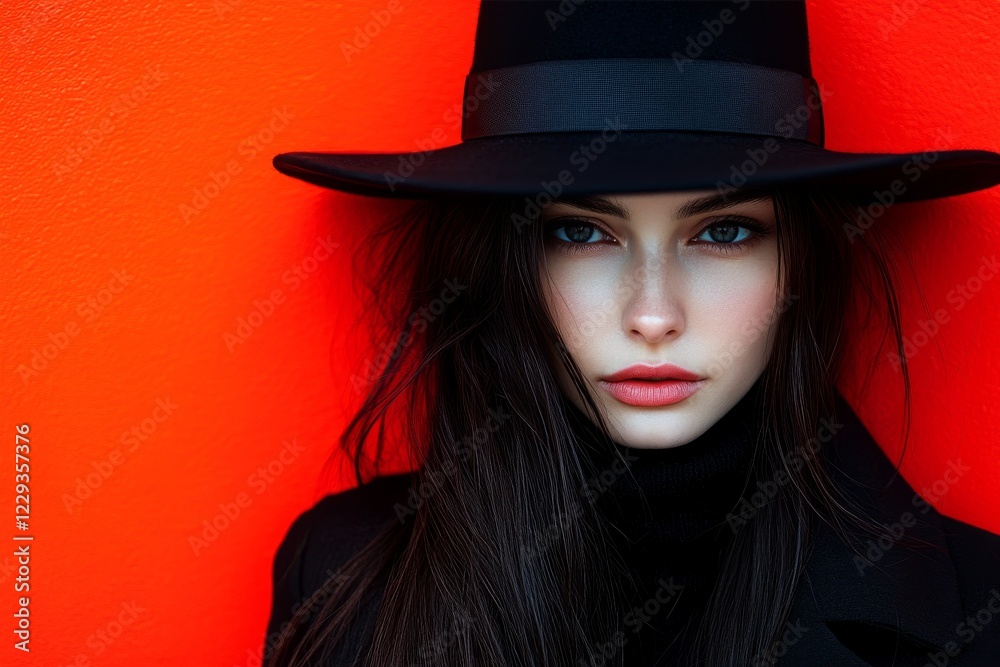 Young woman in a black hat poses confidently against a vibrant orange background in an urban setting Young woman in a black hat poses confidently against a vibrant orange background in an urban setting