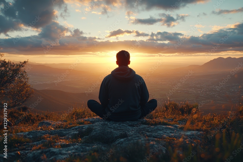 Person meditates on a mountain during sunset with vibrant colors illuminating the landscape Person meditates on a mountain during sunset with vibrant colors illuminating the landscape