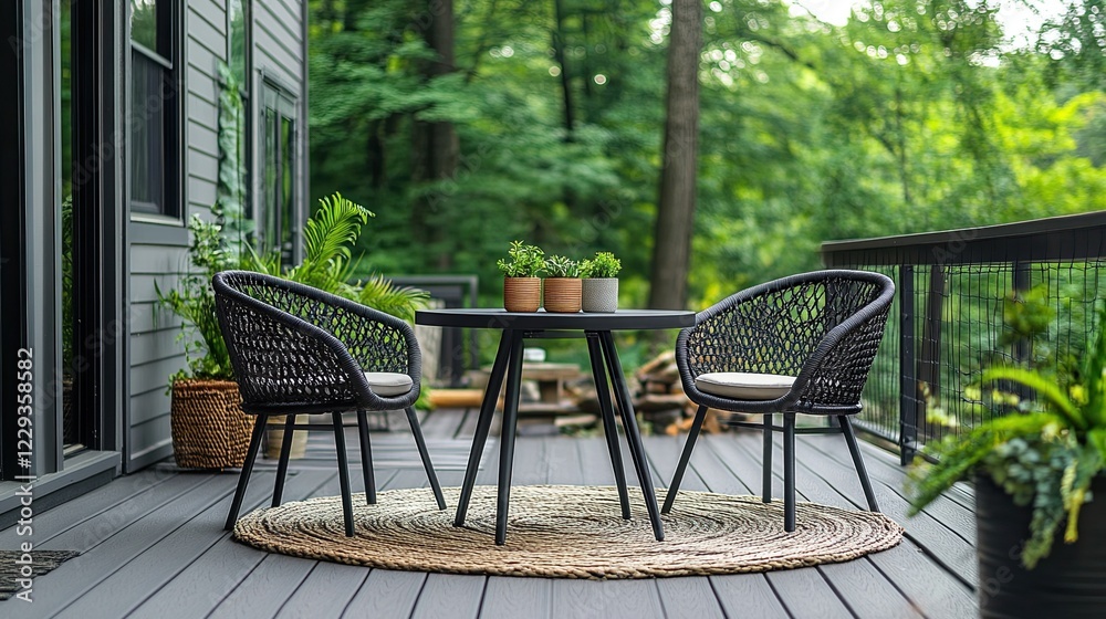 A table and two chairs on a deck that's ideal for outdoor parties or louying A table and two chairs on a deck that's ideal for outdoor parties or louying