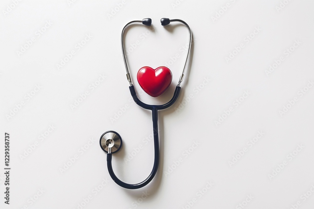 Stethoscope with red heart on white background. KI generiert, generiert, AI generated