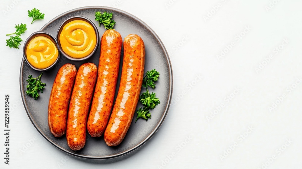Fresh Raw Sausage Links on Plate with Mustard and Parsley Garnish Fresh Raw Sausage Links on Plate with Mustard and Parsley Garnish