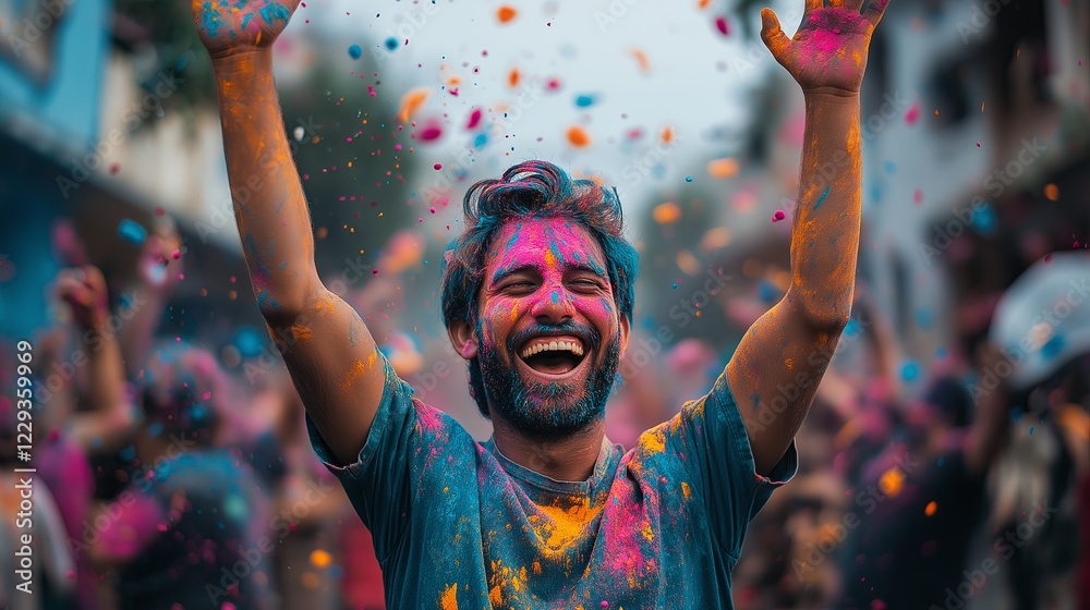 Obraz premium Man Celebrating Holi Covered in Bright Colored Powder