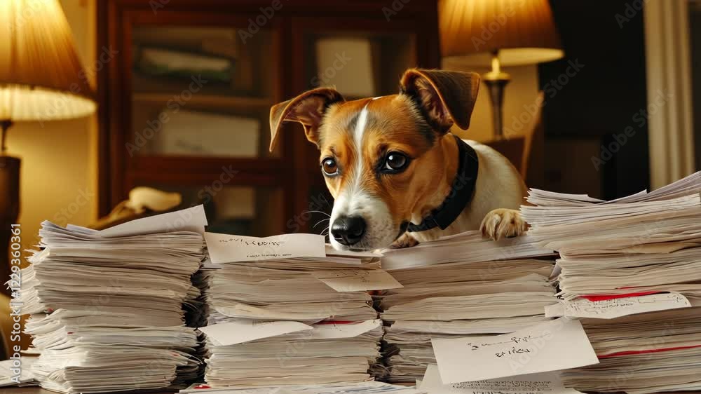 Dog curiously investigates a large pile of papers in a cozy indoor setting during the day