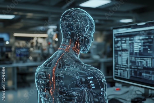 A futuristic cyborg in a technology-rich environment, featuring neon lights and digital displays, AI generated photo
