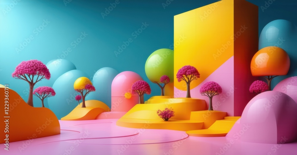 Fototapeta premium Surreal landscape with vibrant trees, rolling hills, and a glowing sun, blending organic and geometric elements. A dreamy environment with fluid shapes and soft color transitions