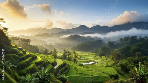 Early morning light bathes Philippines rice terraces cascading down mountain slopes, AI generated photo