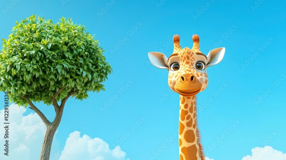 Fototapeta premium Cartoon Giraffe with Bright Blue Sky and Tree in Background
