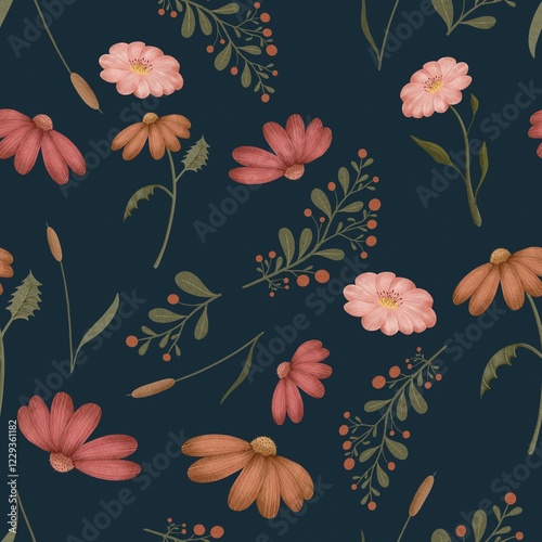 Fototapeta Naklejka Na Ścianę i Meble -  Wildflowers and leaves on dark blue background watercolor painting, seamless repeat pattern