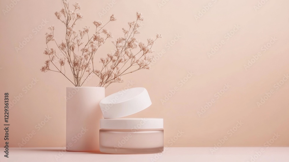 A serene arrangement featuring a cream jar and dried flowers in soft pink tones. Ideal for beauty and skincare themes, offering a minimalist and elegant aesthetic. A serene arrangement featuring a cream jar and dried flowers in soft pink tones. Ideal for beauty and skincare themes, offering a minimalist and elegant aesthetic.
