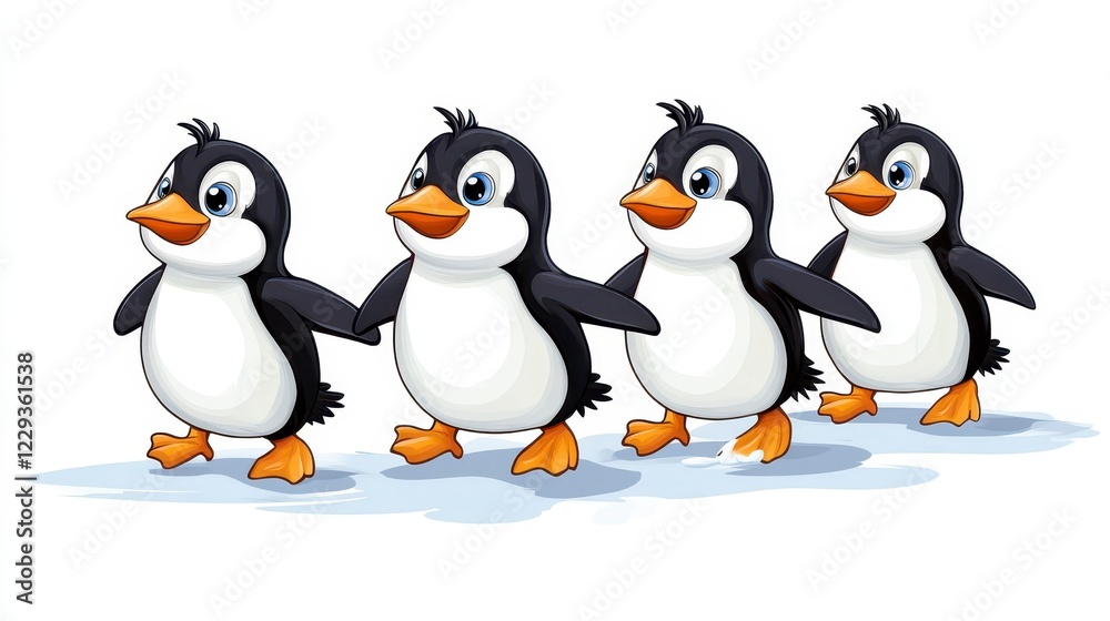 Obraz premium Cute Cartoon Penguins Walking in a Line on a White Background