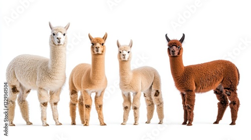Four Colorful Alpacas Standing Together on a White Background