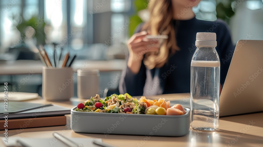 Healthy Office Lunch Break Salad, Water, Laptop