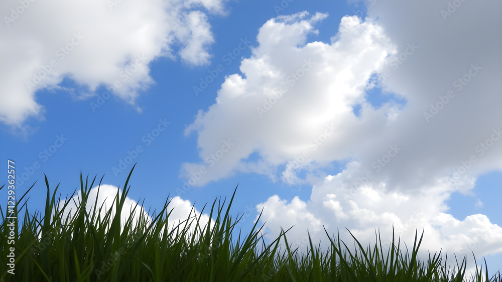Fototapeta premium Green grass and blue sky with white clouds