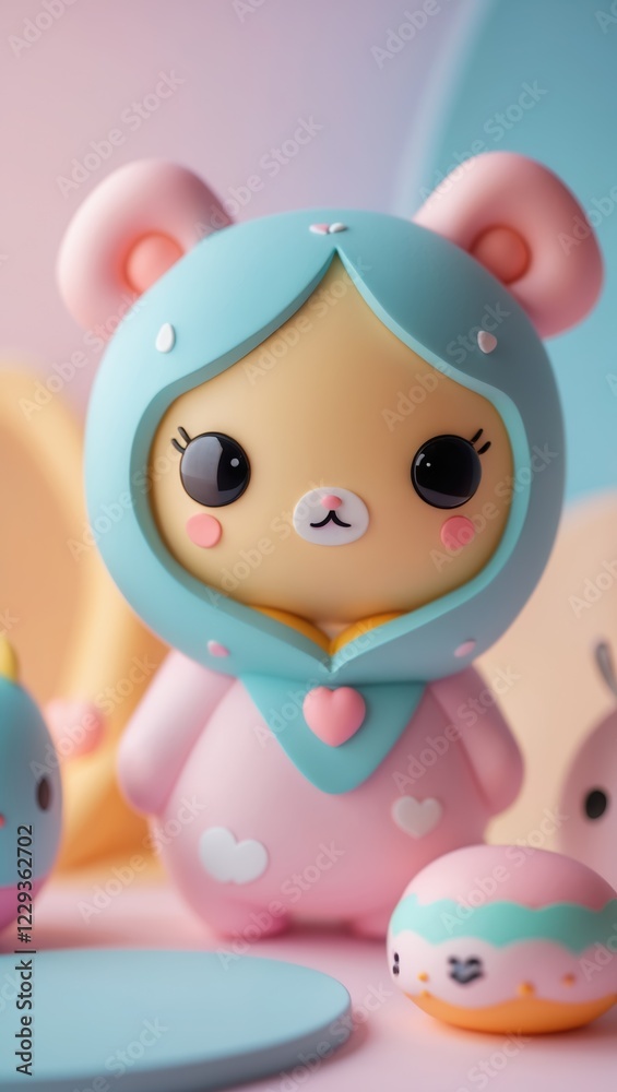 Fototapeta premium Playful pastel bear figurine in whimsical setting with colorful objects