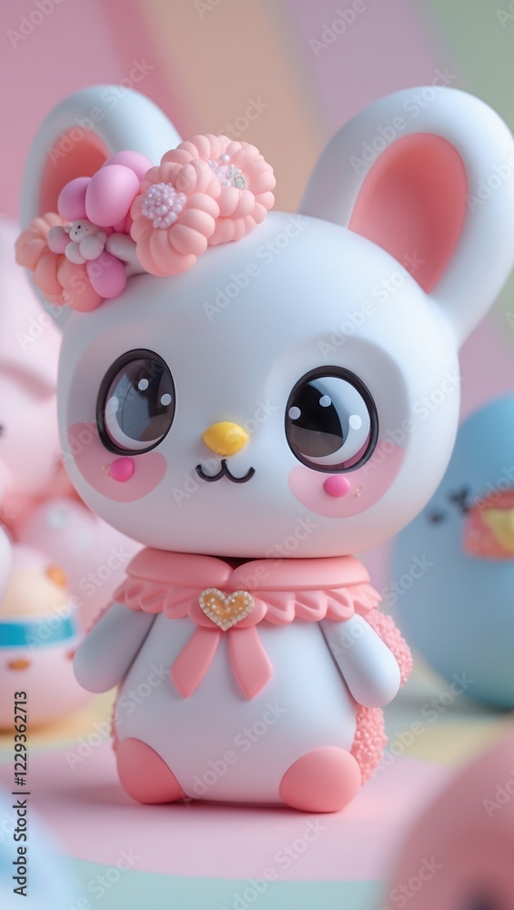 Fototapeta premium Cute pastel bunny figurine with Easter eggs
