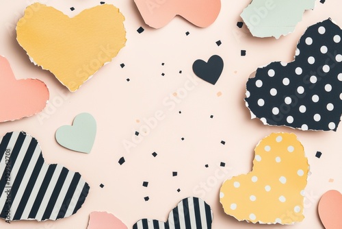 Colorful torn paper scraps in various shapes like hearts, stars, and squares, featuring polka dots, stripes, and patterns on a light background photo