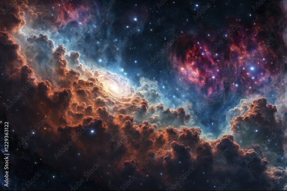 Naklejka premium Colorful nebula with ethereal clouds and a backdrop of shimmering stars in space, AI generated