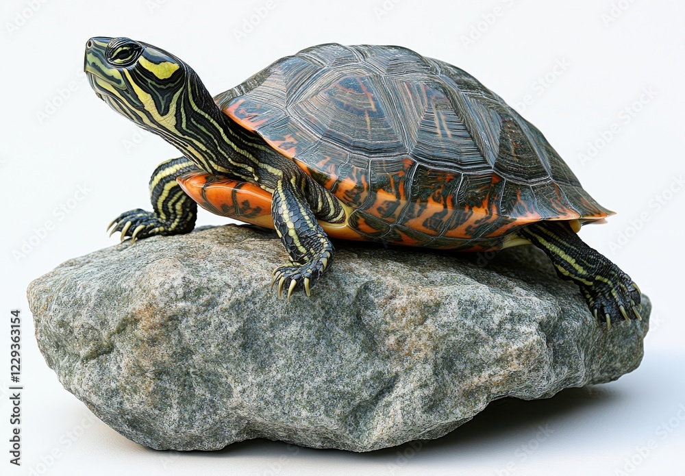 Colorful turtle resting on a smooth rock with vibrant shell patterns, showcasing nature’s beauty and intricate designs in a serene environment Colorful turtle resting on a smooth rock with vibrant shell patterns, showcasing nature’s beauty and intricate designs in a serene environment