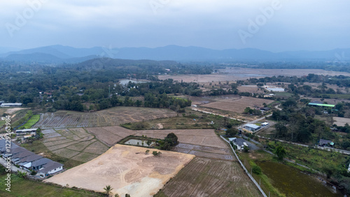 Aerial View of Expansive Rural Landscape with Farmland in North of Thailand Chiang Mai