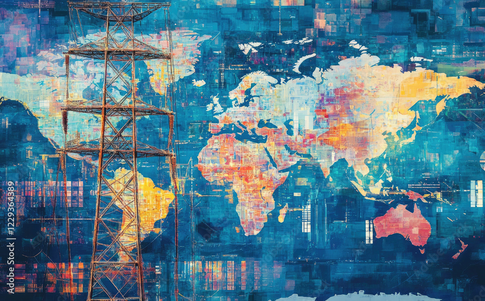 Fototapeta premium Global Energy Network Concept with Power Lines and World Map