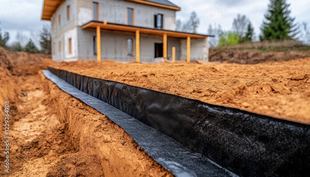 Exposed house foundation with a black waterproofing membrane applied, showcasing protection against moisture and water damage