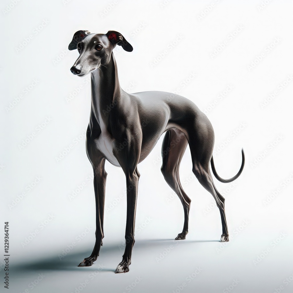 A stunning greyhound stands tall, its sleek body highlighted by gentle lighting. The minimalist backdrop enhances the dog's graceful posture and refined features, creating a captivating aura A stunning greyhound stands tall, its sleek body highlighted by gentle lighting. The minimalist backdrop enhances the dog's graceful posture and refined features, creating a captivating aura