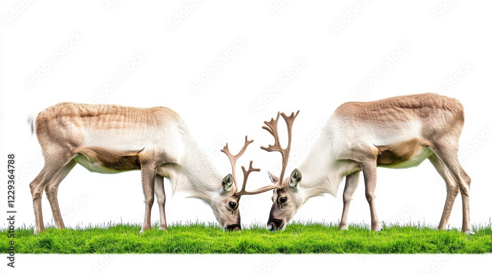 Two Reindeer Grazing on Green Grass Isolated Against White Background Two Reindeer Grazing on Green Grass Isolated Against White Background