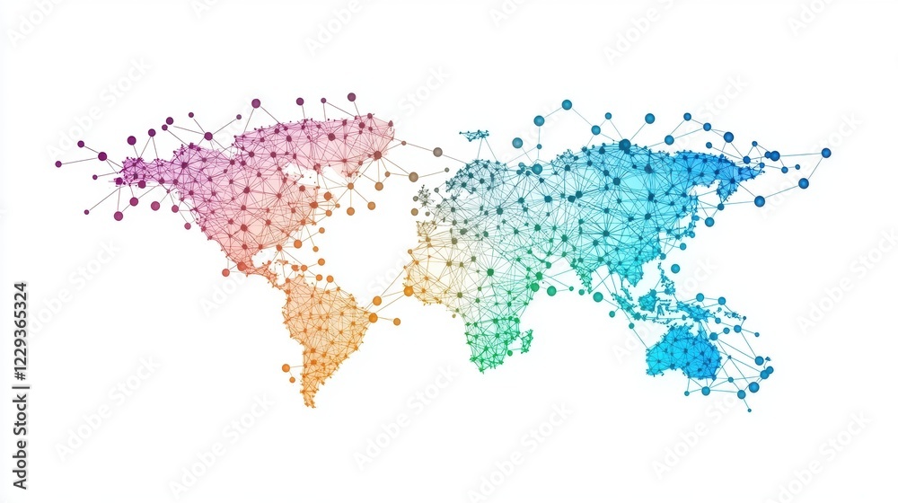 Fototapeta premium Global Network Nodes Connection Network nodes with icons representing different technologies and devices, symbolizes the global digital infrastructure
