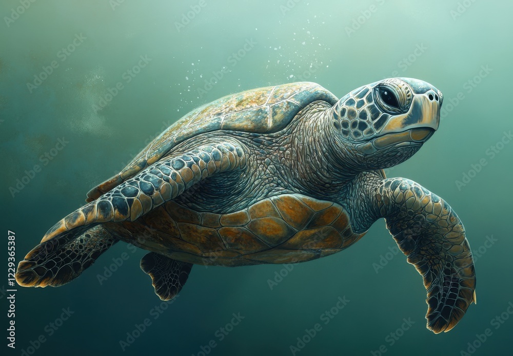 Fototapeta premium Detailed Underwater Shot of Majestic Sea Turtle Swimming Gracefully in Deep Blue Ocean Waters Capturing Tranquility and Marine Life Beauty