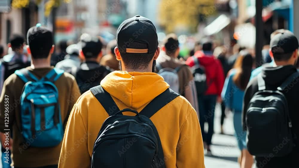 Young Man in Yellow Hoodie Walking Through Crowded City Street