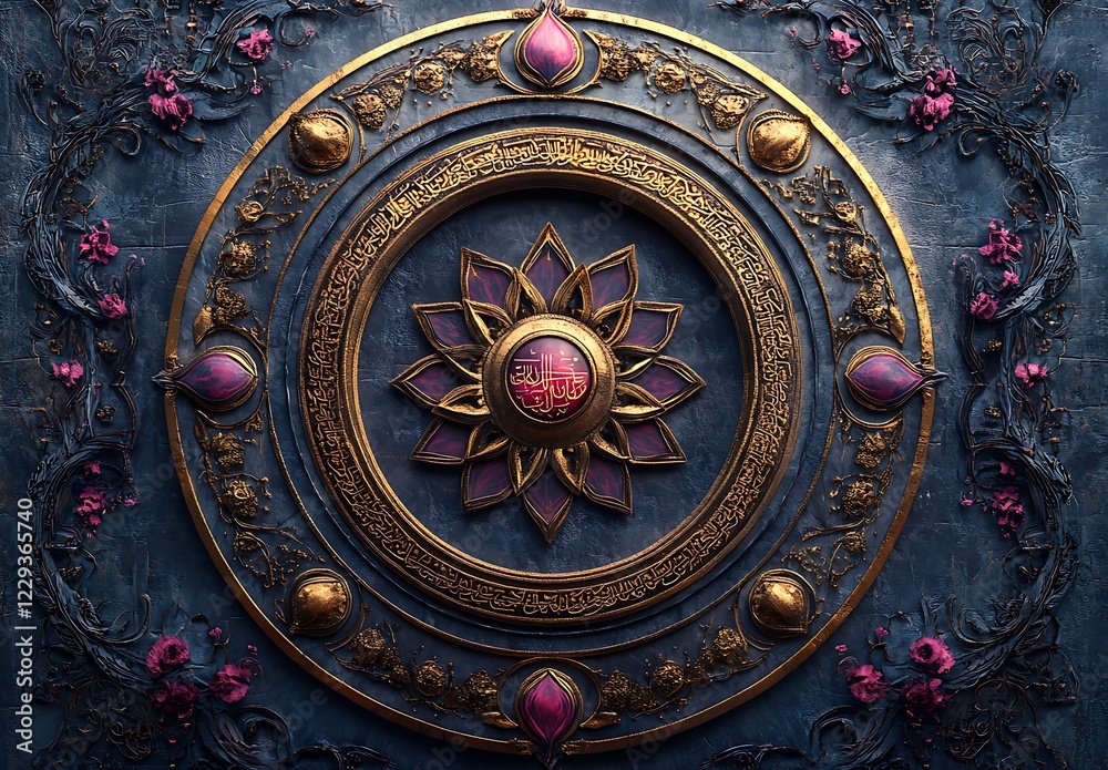 Obraz premium Ornate Bronze Mandala with Purple Accents on a Textured Blue Background