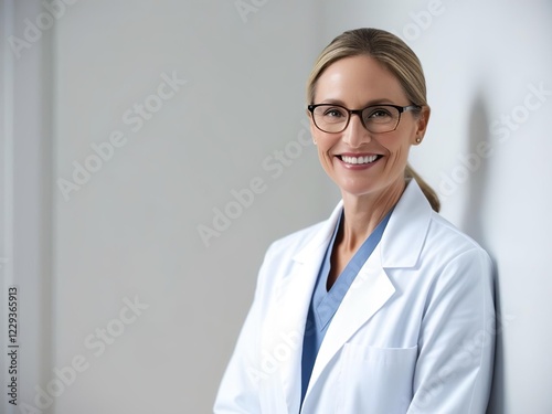 Smiling female doctor in a white coat, business banner, light background with place for text