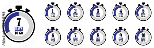 Days Left Badges. Count time sale. Number of days left. Countdown stopwatch displaying days left from 1 to 10, time tracking and deadline reminder for planning and productivity. Count timer icon. 
