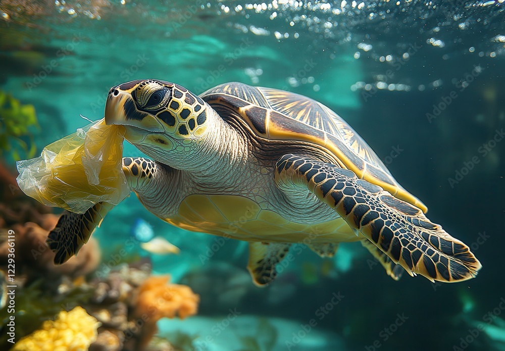 Fototapeta premium Endangered Sea Turtle Swimming Gracefully Underwater While Struggling with Plastic Waste in Ocean Environment Amid Vibrant Coral Reef