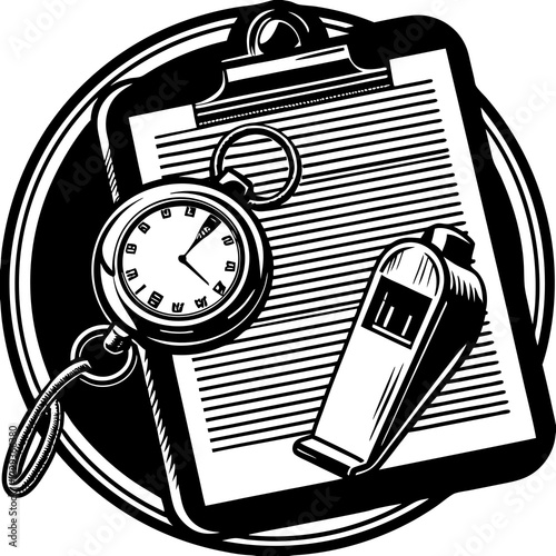 Stopwatch and whistle on a coach's clipboard, black and white illustration, sports concept