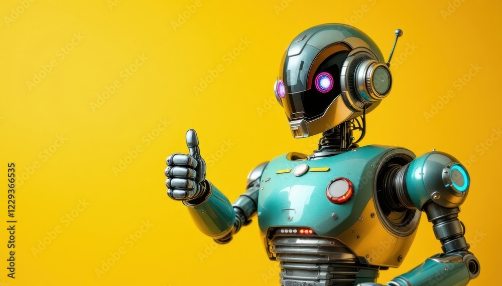 Fototapeta premium Robot giving a thumbs up on yellow, a positive android sign.