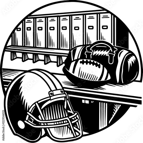 Football helmet and ball on a locker room bench, black and white illustration, game prep