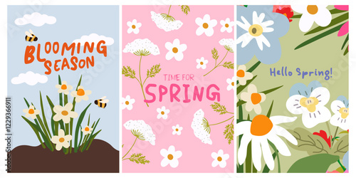 Abstract aesthetic backgrounds set with groovy daisy flowers. Floral banner for decoration Spring events. Illustration design for poster, flyer, greeting card. Hello Spring illustration