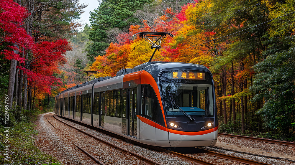 Naklejka premium Autumn train journey through vibrant forest. Travel, nature, scenic, transport, foliage