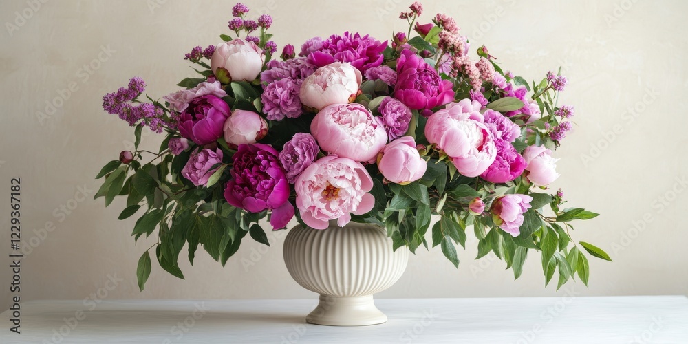 Fresh Pink Peonies and Roses Bouquet in Vase with Copy Space Ideal for Floral Arrangements, Romantic Decor, Wedding Themes, and Spring Celebrations, Fresh Pink Peonies and Roses Bouquet in Vase with Copy Space Ideal for Floral Arrangements, Romantic Decor, Wedding Themes, and Spring Celebrations,