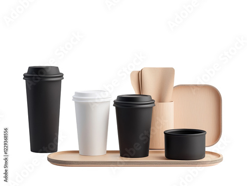 Wallpaper Mural Monochromatic still life, three black and white cups on a rustic wooden tray, capturing the essence of minimalist design Torontodigital.ca