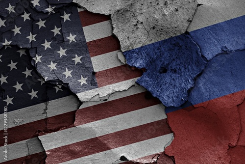 Φωτογραφία Flags of USA and Russia painted on cracked wall