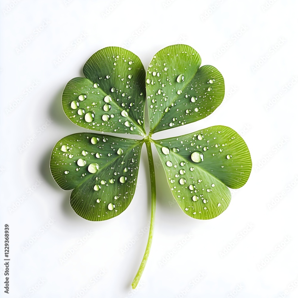 Fresh Four-Leaf Clover with Dew Drops Isolated on White Background - Symbol of Luck and Nature’s Beauty Fresh Four-Leaf Clover with Dew Drops Isolated on White Background - Symbol of Luck and Nature’s Beauty