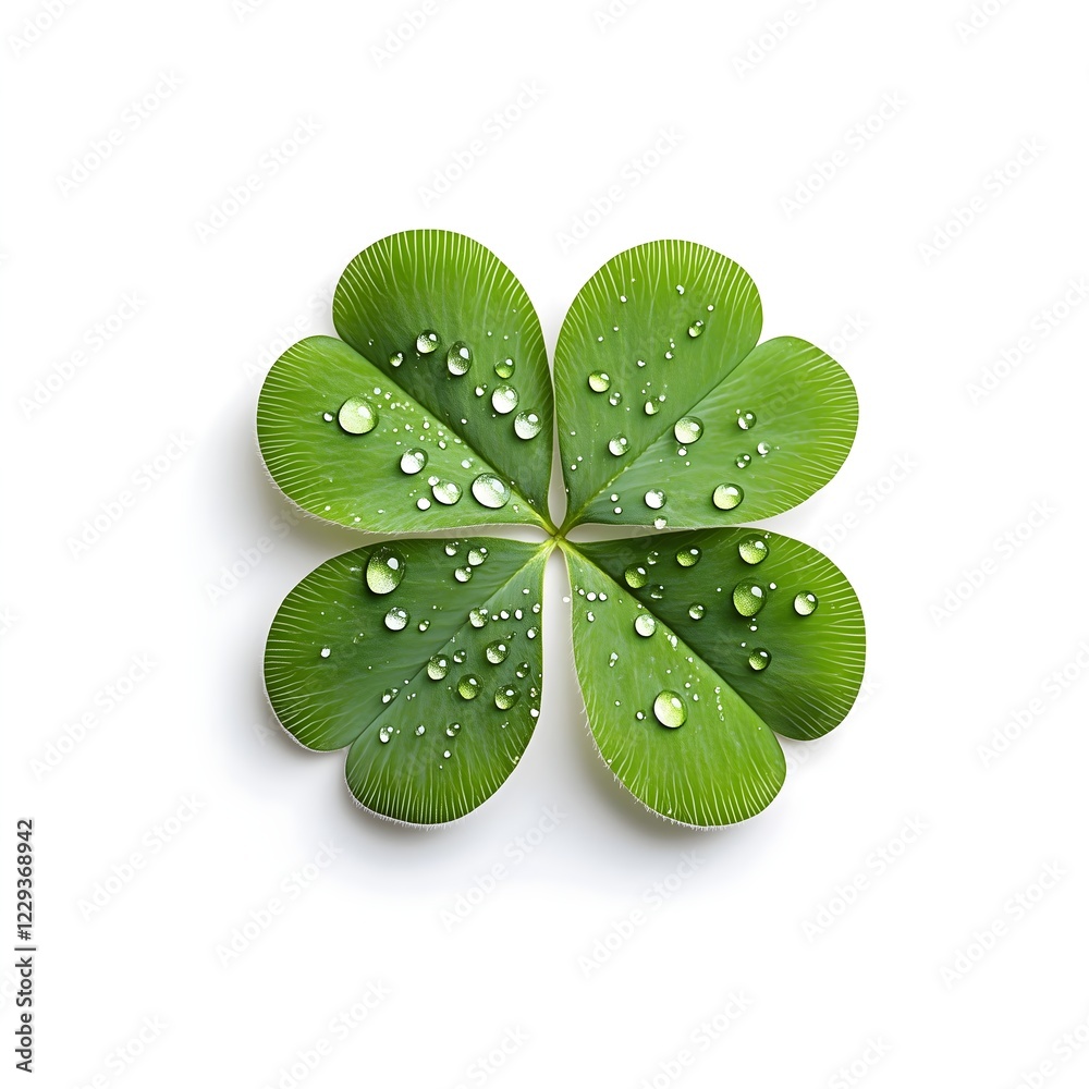 Fresh Four-Leaf Clover with Dew Drops Isolated on White Background - Symbol of Luck and Nature’s Beauty Fresh Four-Leaf Clover with Dew Drops Isolated on White Background - Symbol of Luck and Nature’s Beauty