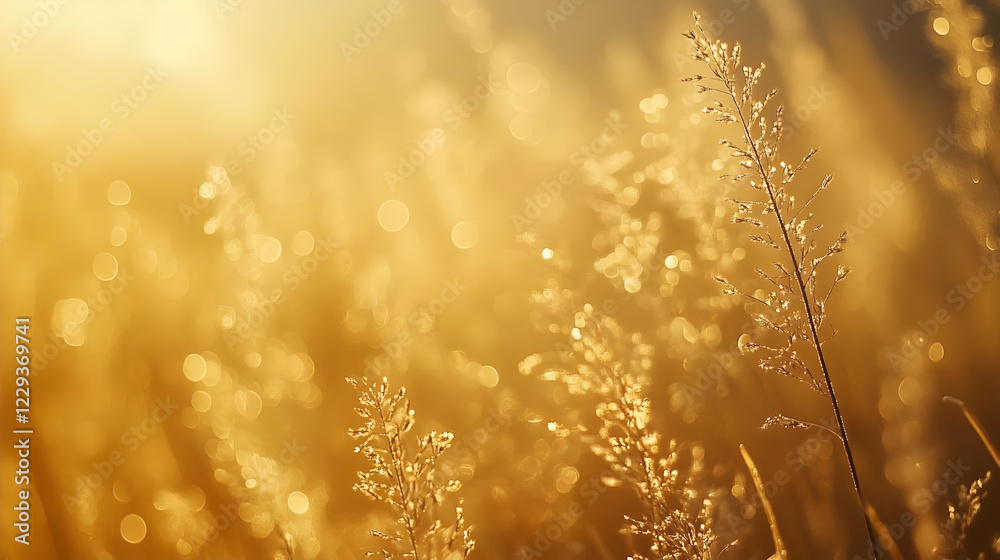 Fototapeta premium Golden Sunrise Meadow Grass Dew Drops Background