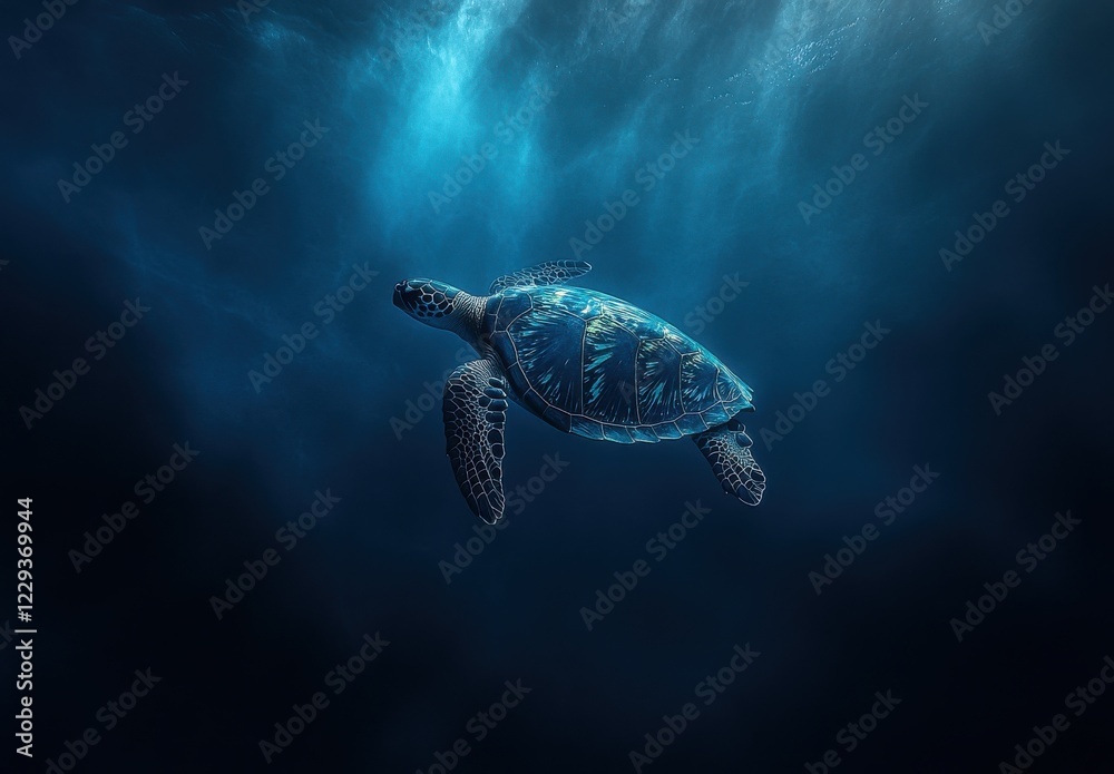 Obraz premium Graceful sea turtle gliding through deep ocean waters, revealing beautiful patterns on shell and serene underwater environment, peaceful marine life imagery