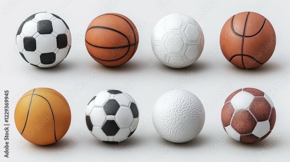 Eight soccer balls and basketballs against a plain backdrop, displaying a range of patterns and colors such as black and white and orange, AI generated Eight soccer balls and basketballs against a plain backdrop, displaying a range of patterns and colors such as black and white and orange, AI generated