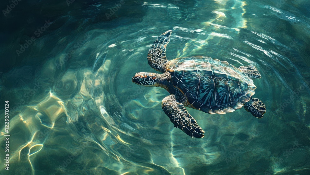 Fototapeta premium Graceful sea turtle gliding through shimmering water showcasing vibrant colors and natural beauty beneath the sunlit surface of the ocean