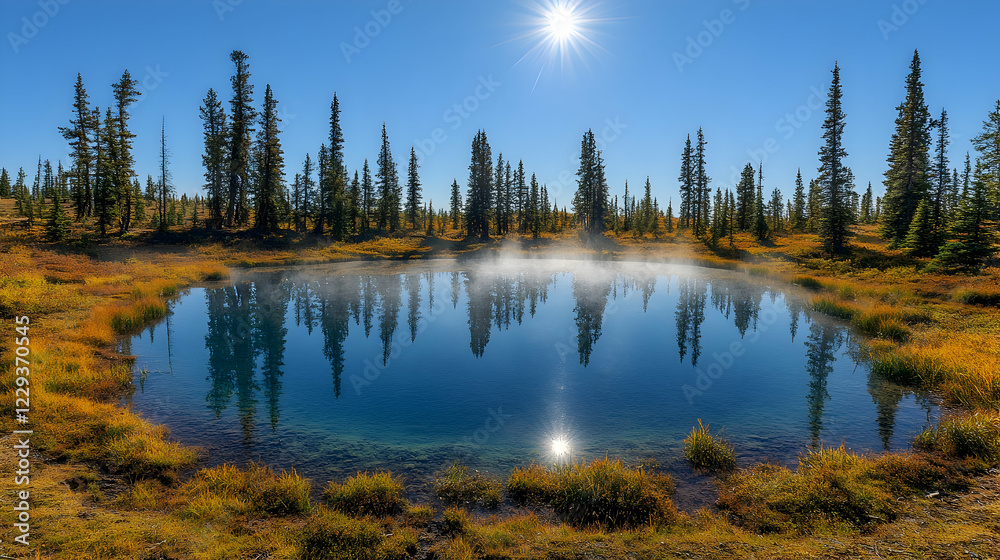 Obraz premium Autumnal mountain lake reflecting sun, misty morning, conifers, serene nature scene; perfect for travel brochure